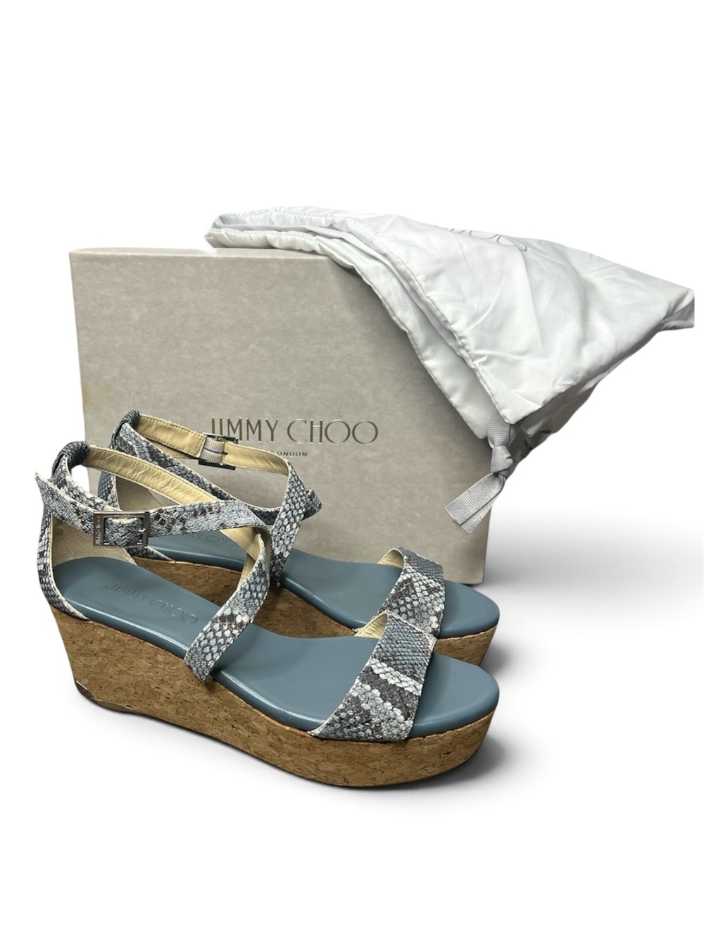 Jimmy Choo Portia Snake Embossed Cork Wedge Sandals Platform Designer Size 37.5
